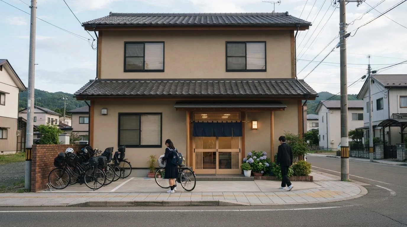 大船渡町にある学習塾の入口と建物の外観