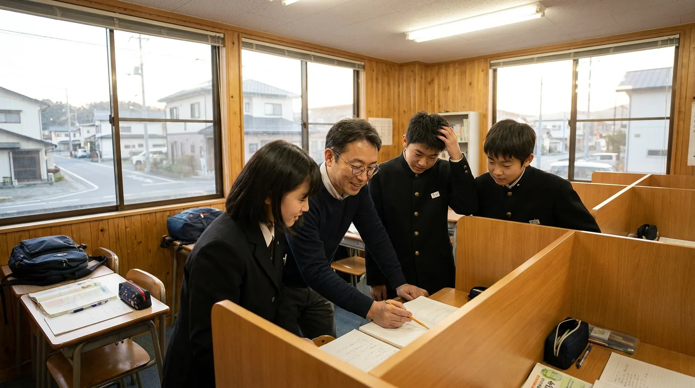 個別ブースで講師が生徒のノートを見ながら学習を支える授業の様子