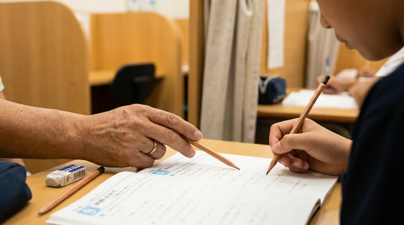 ノートに書いた計算式を指しながら講師と生徒が問題を確認する手元
