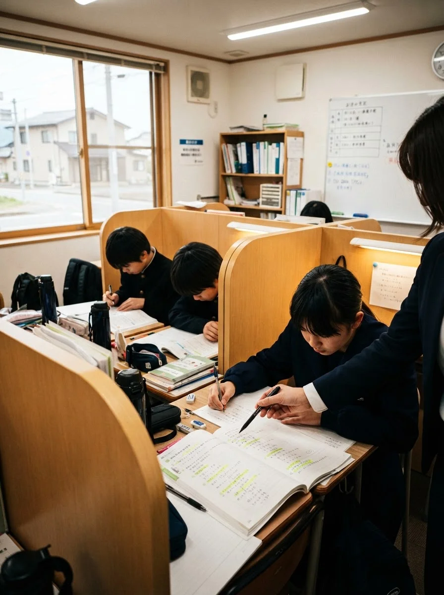 個別ブースで教材を手に持ち、生徒のノートを見ながら説明する講師
