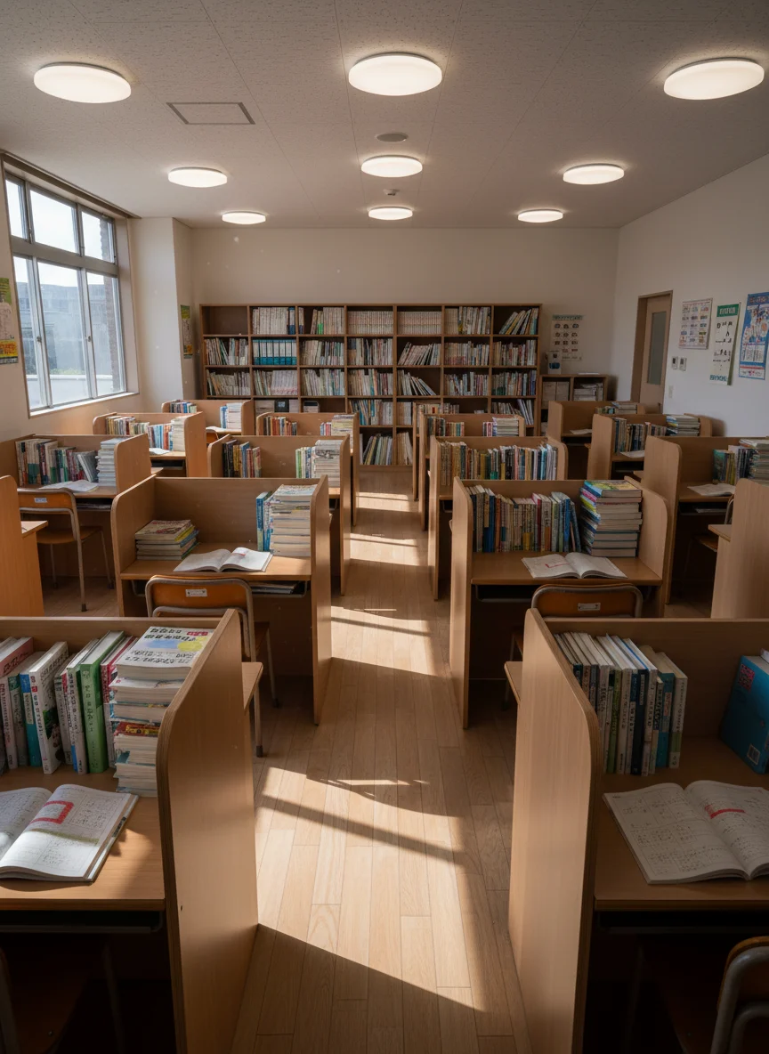 机に並んだ問題集とノートを前に、生徒と向き合って学習計画を確認する講師